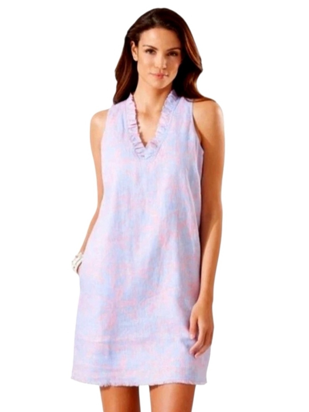 Tommy Bahama linen Light Blue & Pink Palm Ruffle V-Neck Dress